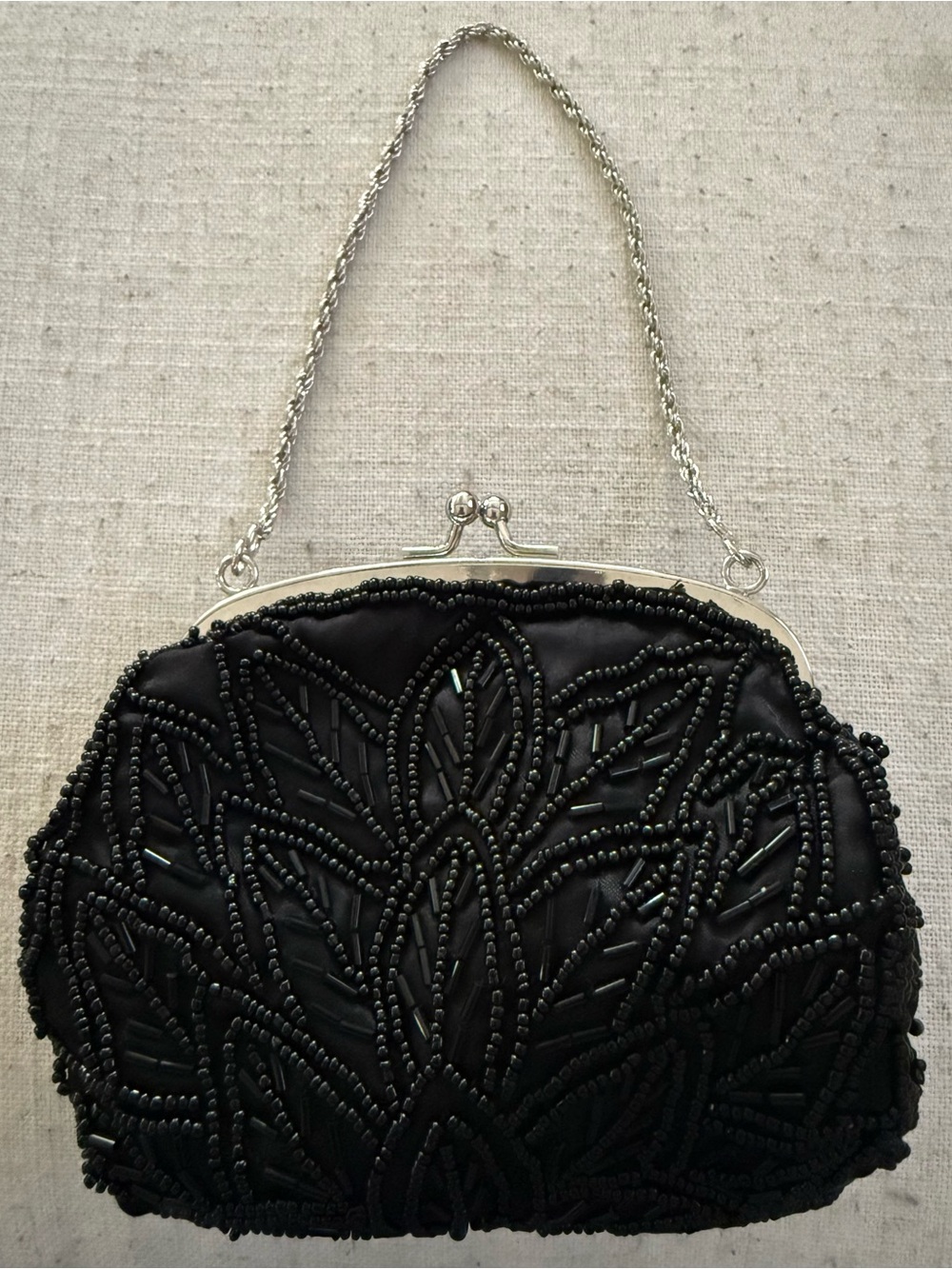 Kate Landry Black Beaded Evening Handbag with Silver Chain Vintage Clutch